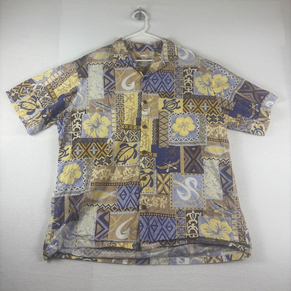 Hilo Hattie Hawaiian Original Shirt Mens‎ 2XL Blue Turtle Hula Dancer Scenic VTG